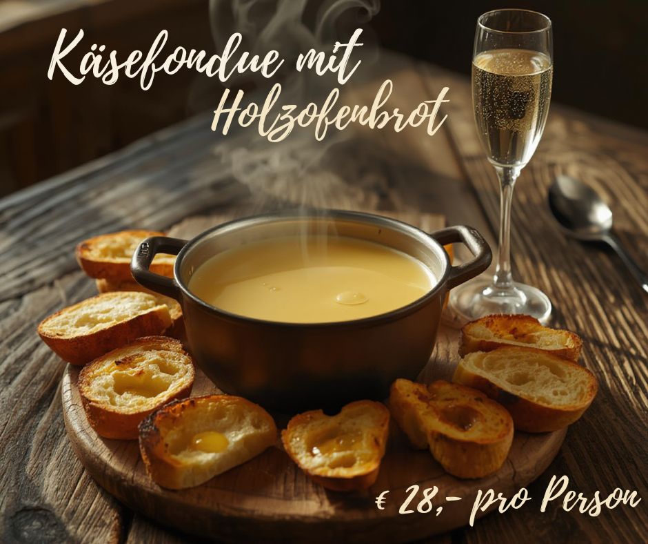 Käsefondue mit Holzofenbrot, Glas Prosecco